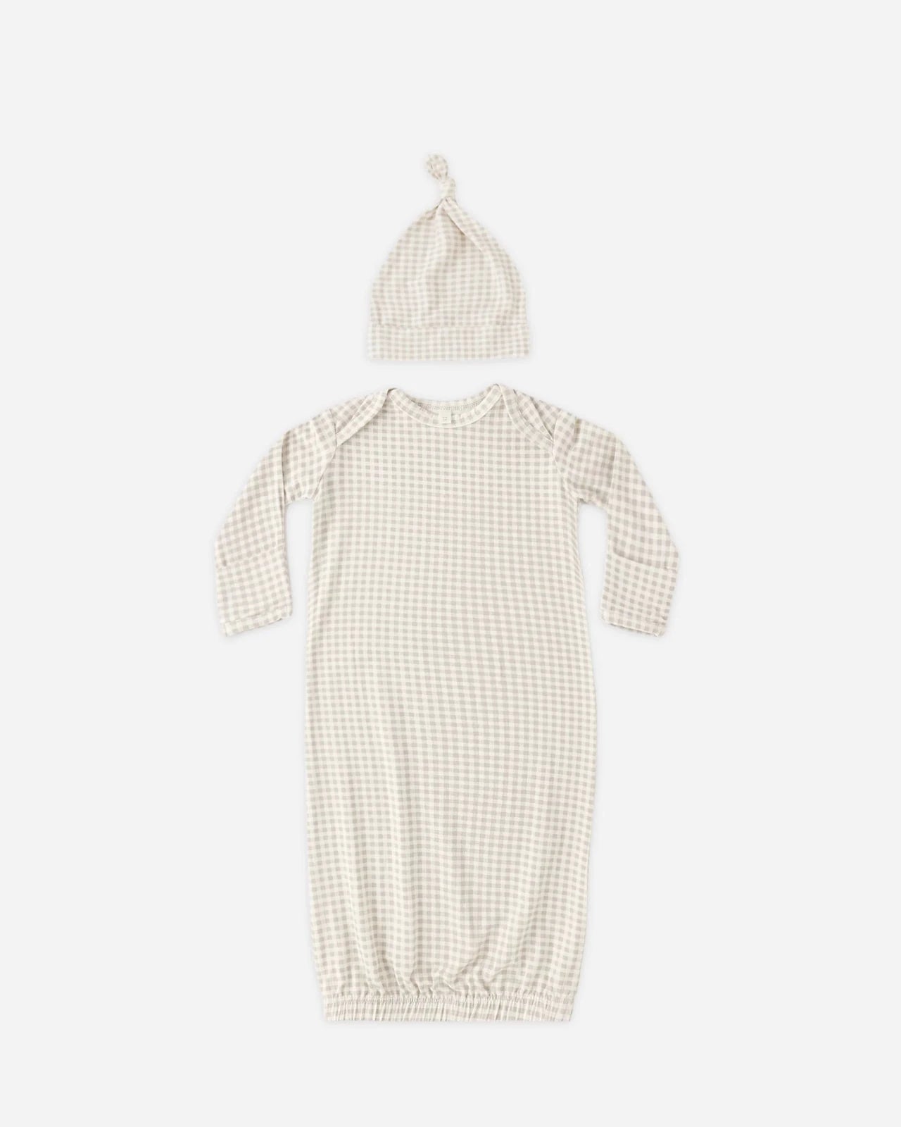 Quincy Mae Bamboo Baby Gown and Hat Set, Oat Gingham - Flying Ryno