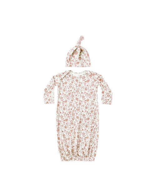 Quincy Mae Bamboo Baby Gown + Hat Set, Bloom - Flying Ryno