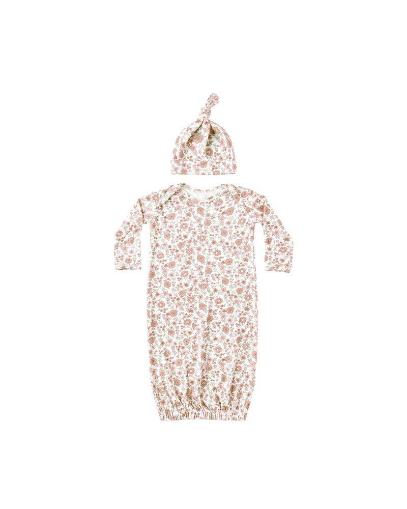 Quincy Mae Bamboo Baby Gown + Hat Set, Bloom - Flying Ryno
