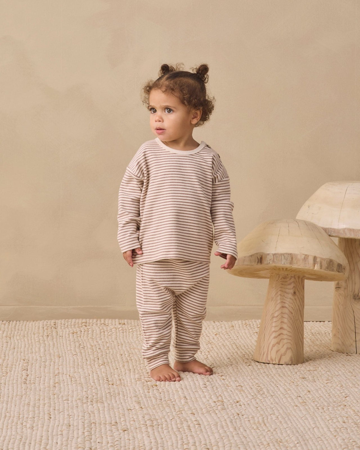 Quincy Mae Long Sleeve Tee and Drawstring Pant Set, Cocoa Microstripe - Flying Ryno