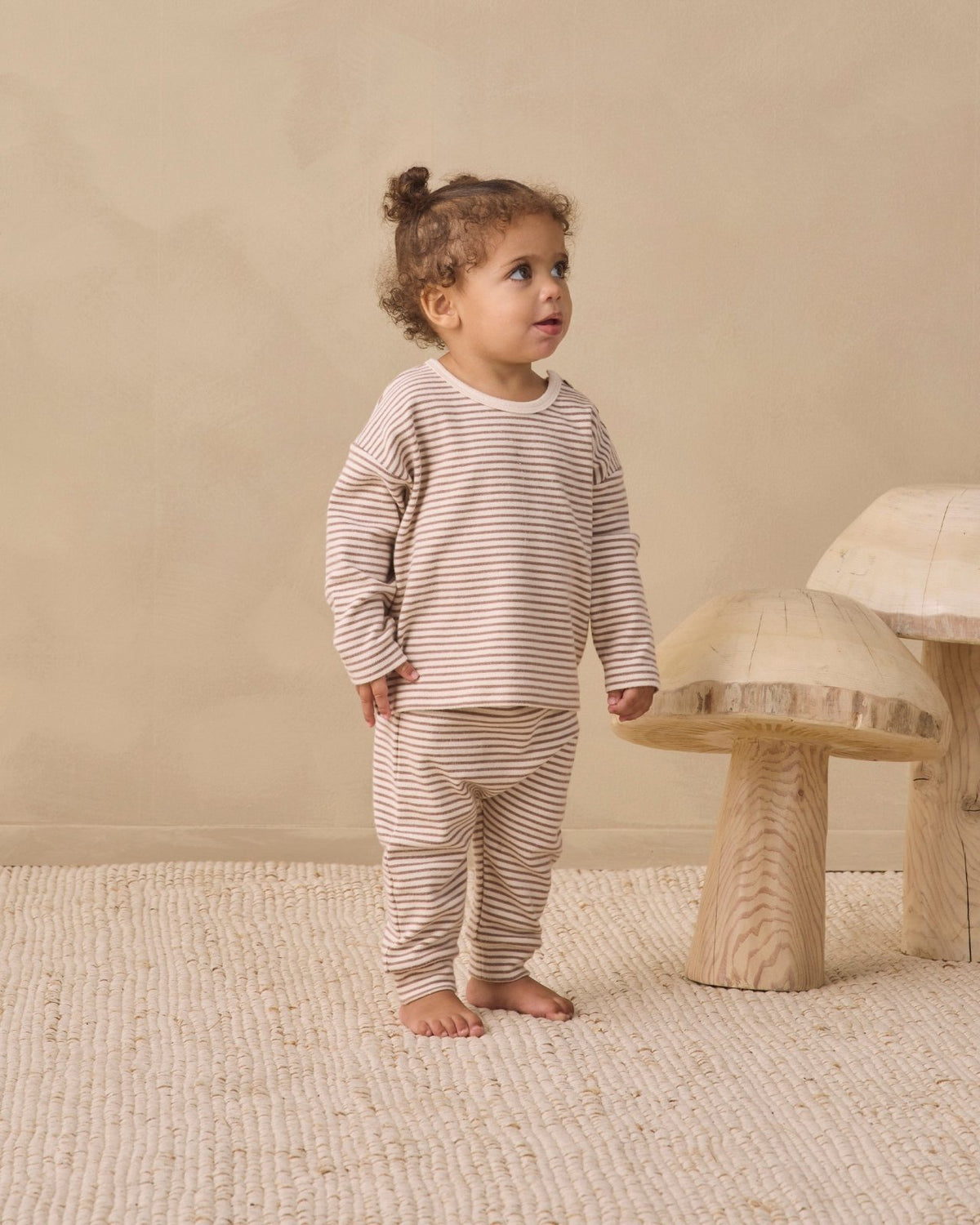 Quincy Mae Long Sleeve Tee and Drawstring Pant Set, Cocoa Microstripe - Flying Ryno