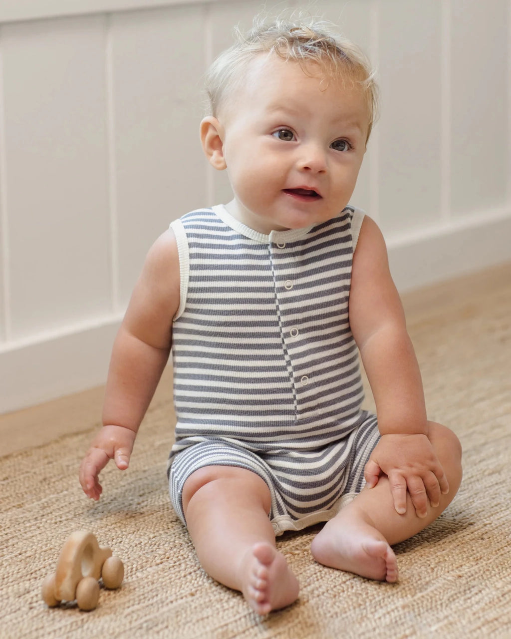 Quincy Mae Ribbed Henley Romper, Ocean Stripe - Flying Ryno
