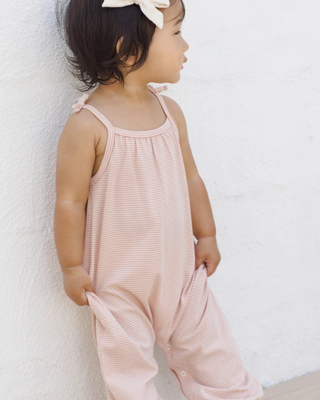 Quincy Mae Smocked Jumpsuit, Melon Micro Stripe - Flying Ryno