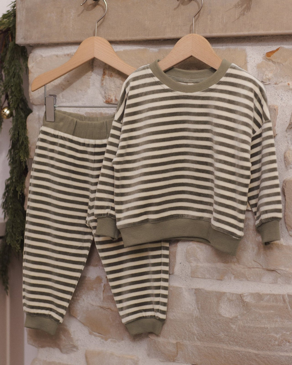 Quincy Mae Velour Relaxed Sweatshirt and Sweatpant, Set, Spruce Stripe - Flying Ryno