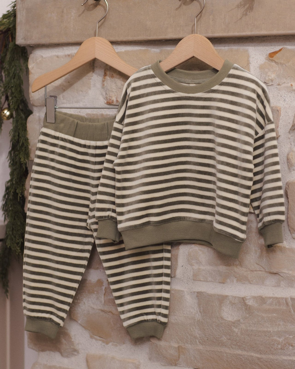 Quincy Mae Velour Relaxed Sweatshirt and Sweatpant, Set, Spruce Stripe - Flying Ryno