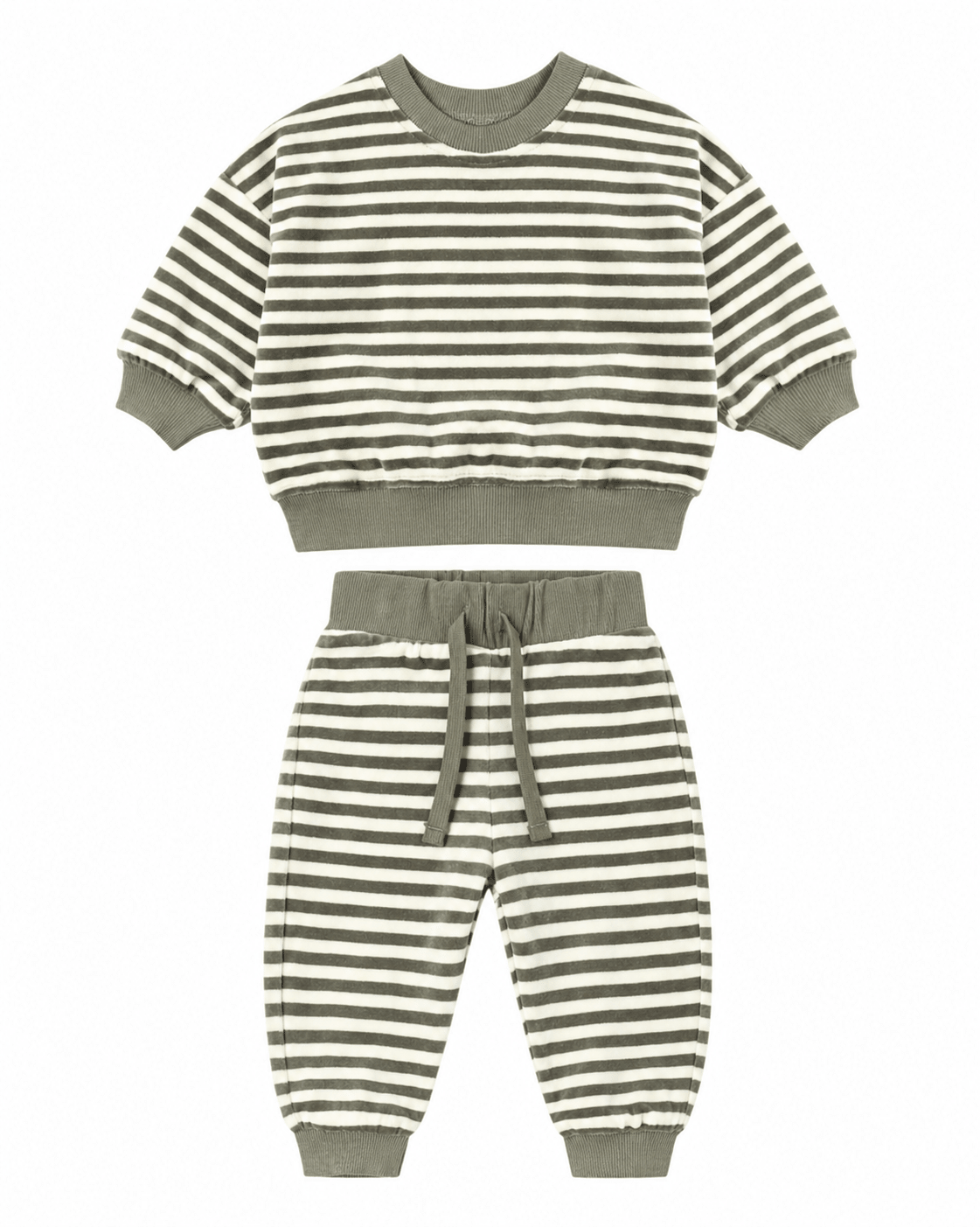 Quincy Mae Velour Relaxed Sweatshirt and Sweatpant, Set, Spruce Stripe - Flying Ryno
