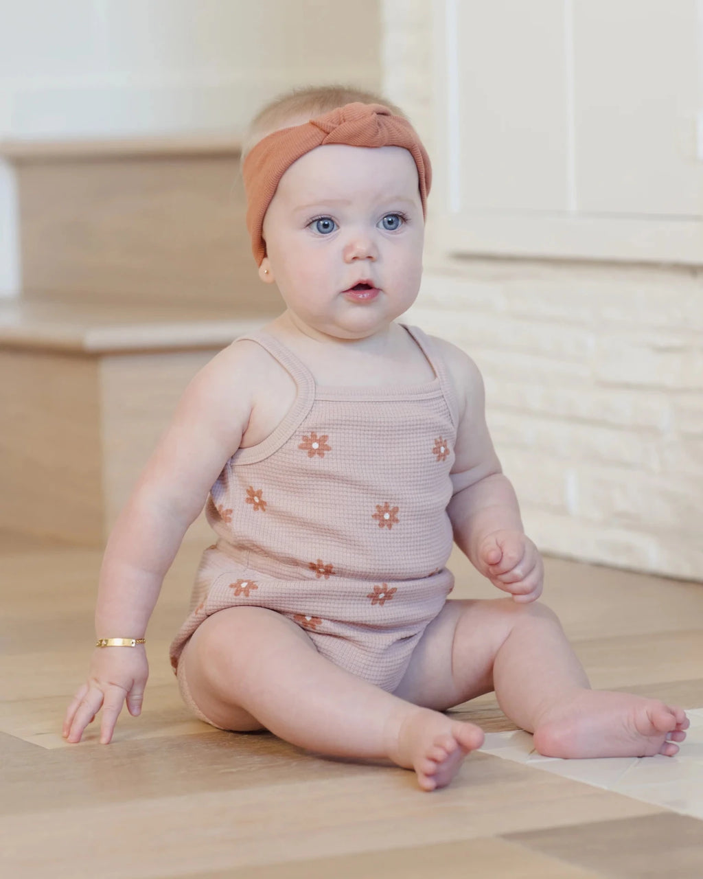 Quincy Mae Waffle Cinch Romper, Pink Daisy - Flying Ryno