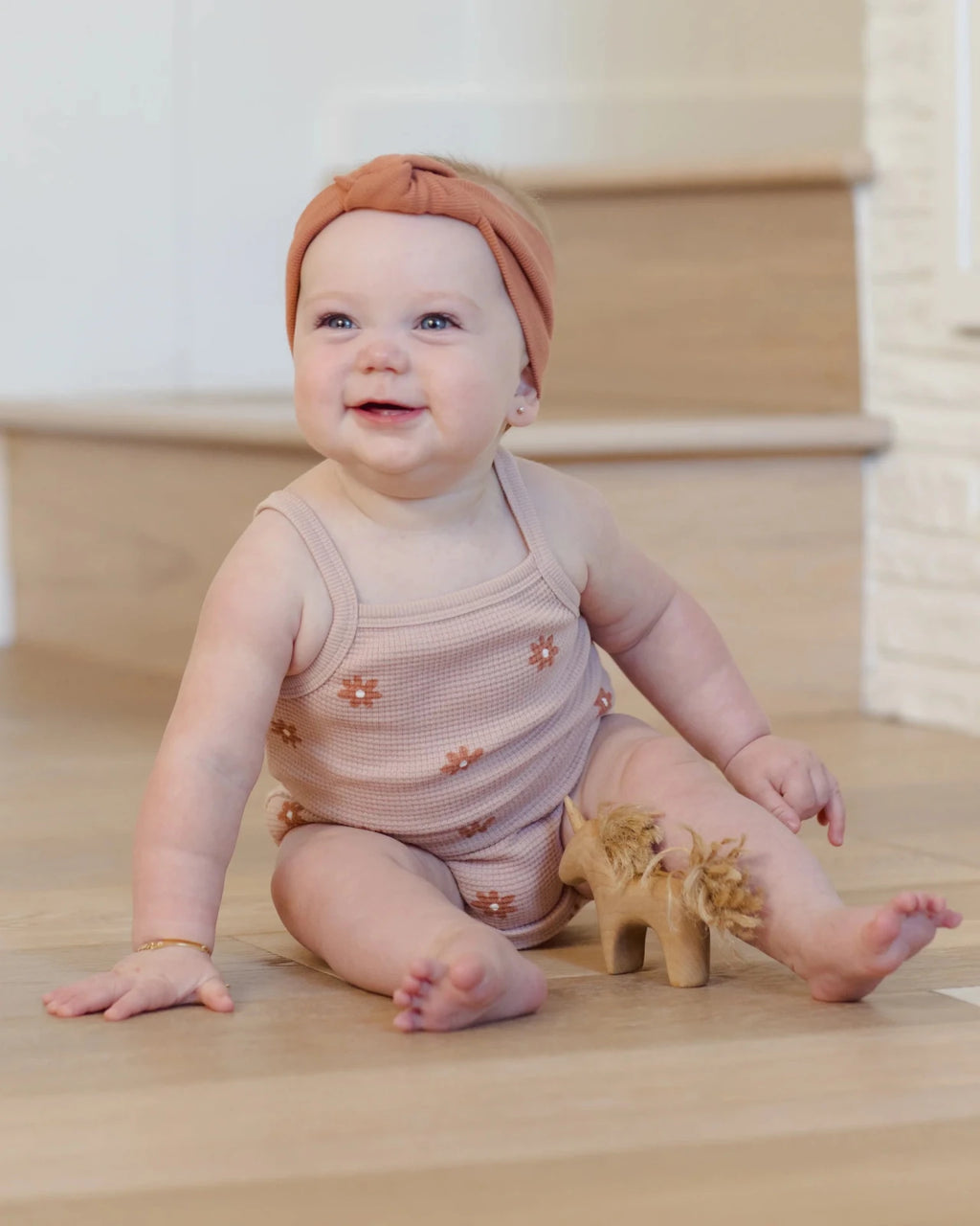 Quincy Mae Waffle Cinch Romper, Pink Daisy - Flying Ryno