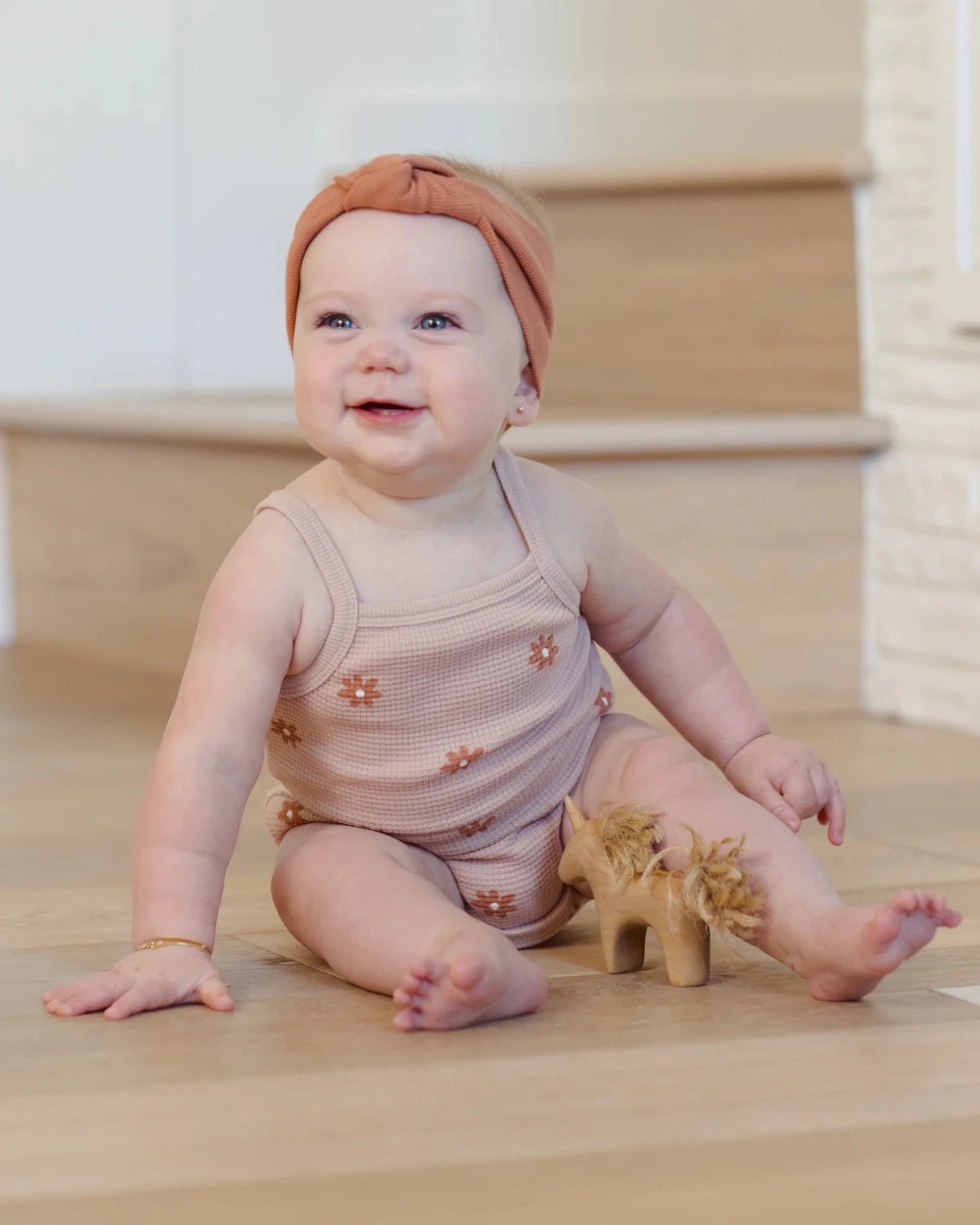 Quincy Mae Waffle Cinch Romper, Pink Daisy - Flying Ryno
