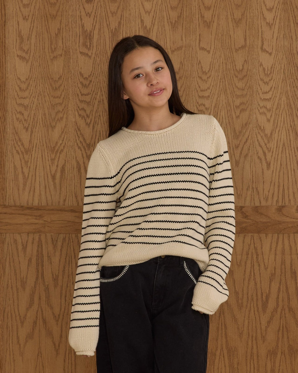 Rylee + Cru Round Neck Sweater, Black Stripe - Flying Ryno