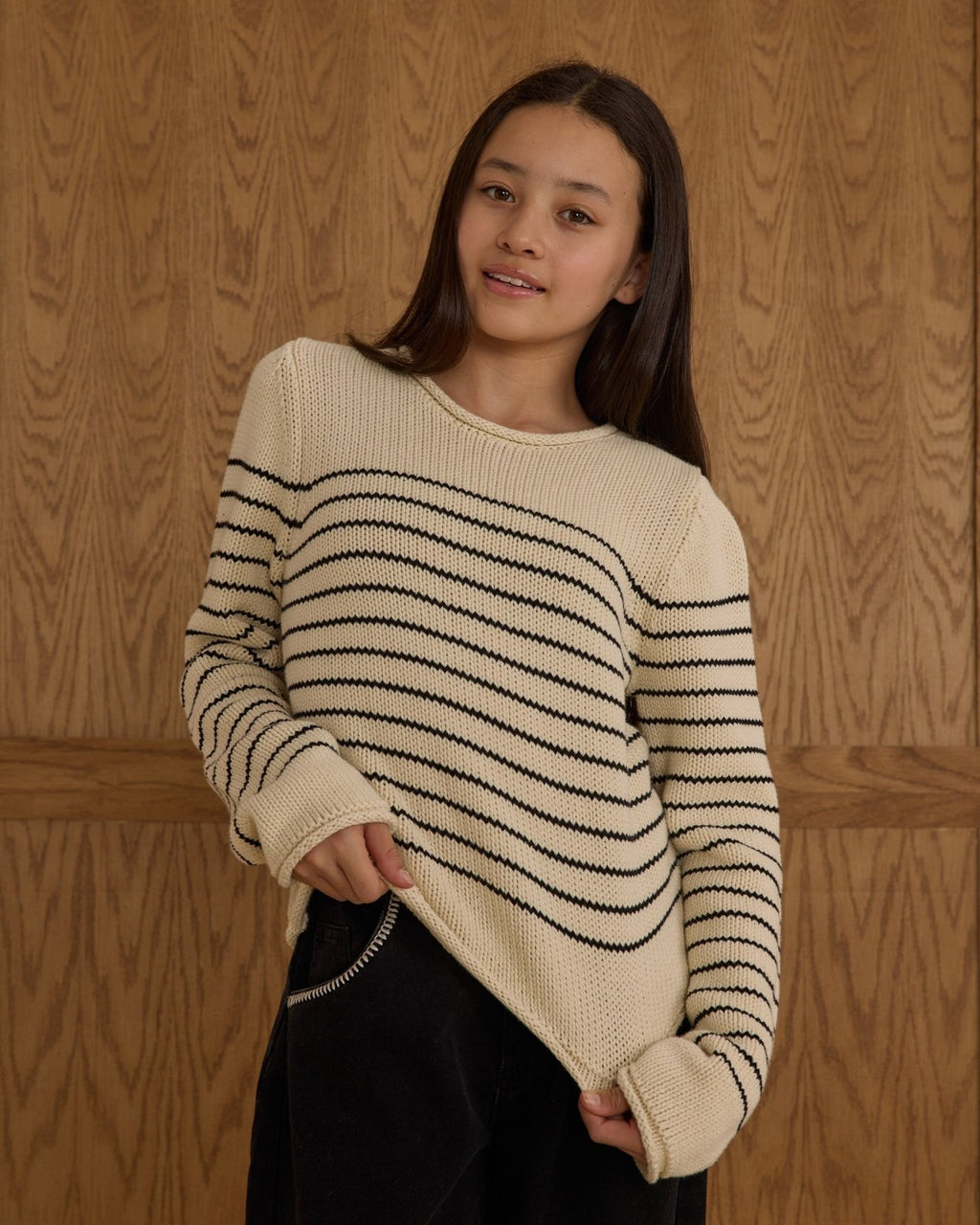 Rylee + Cru Round Neck Sweater, Black Stripe - Flying Ryno