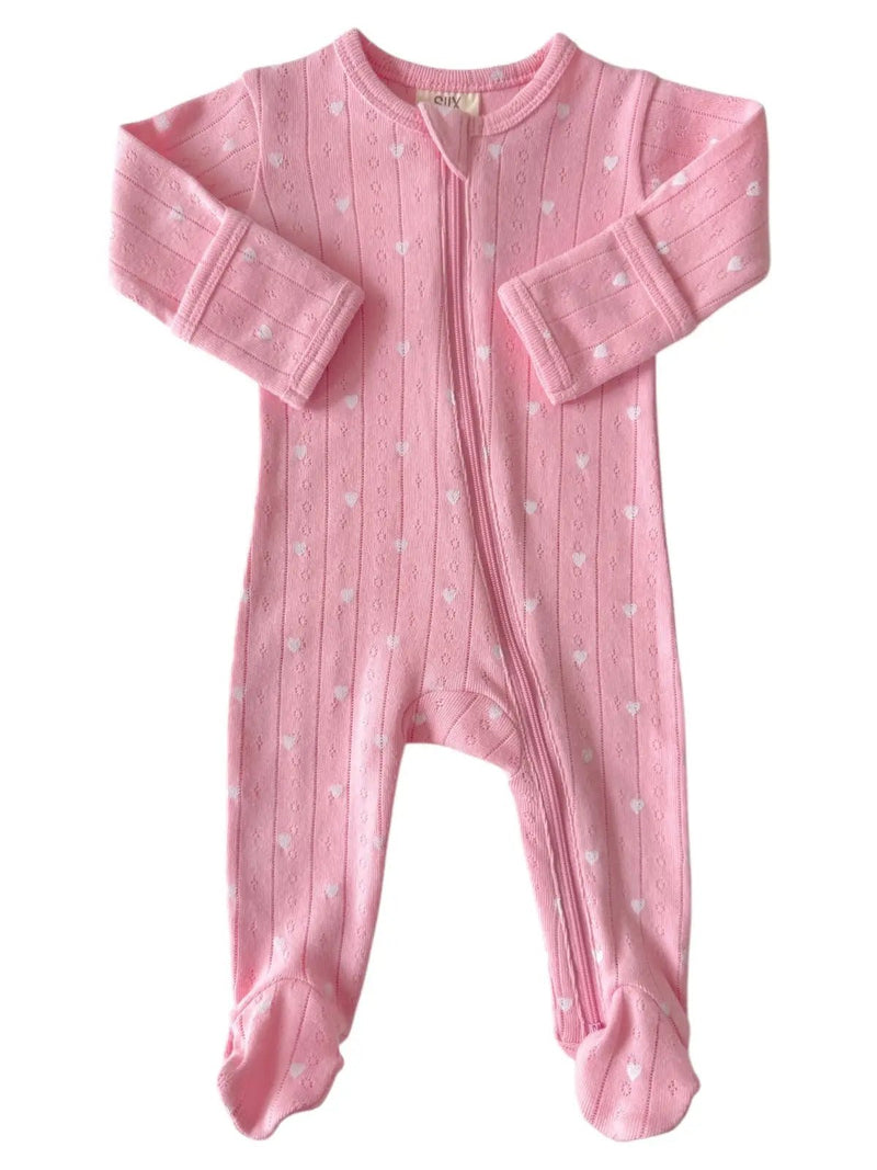 SIIX Collection Pink with White Heart / Organic Pointelle 2 - Way Zip Footie - Flying Ryno