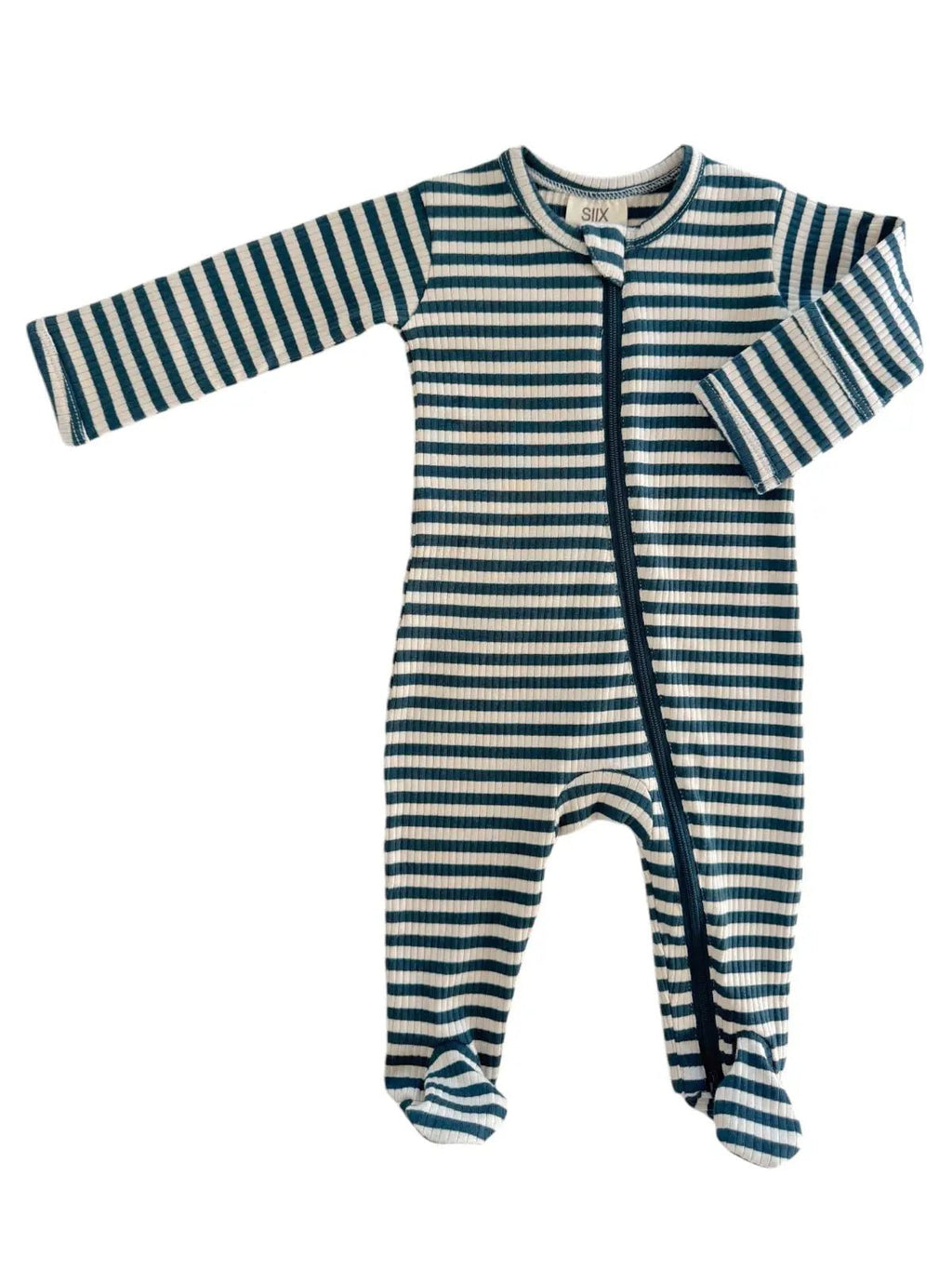 SIIX Collection Steel Blue Stripe / Organic Ribbed Zip Footie - Flying Ryno
