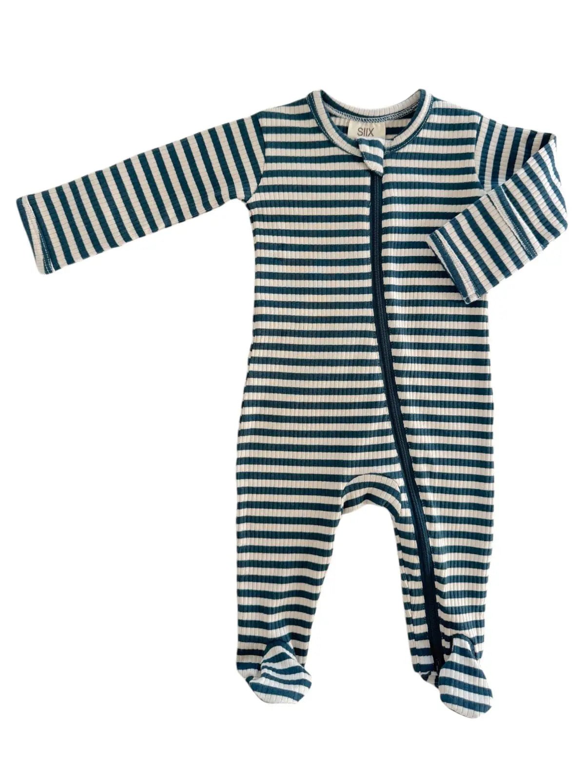 SIIX Collection Steel Blue Stripe / Organic Ribbed Zip Footie - Flying Ryno