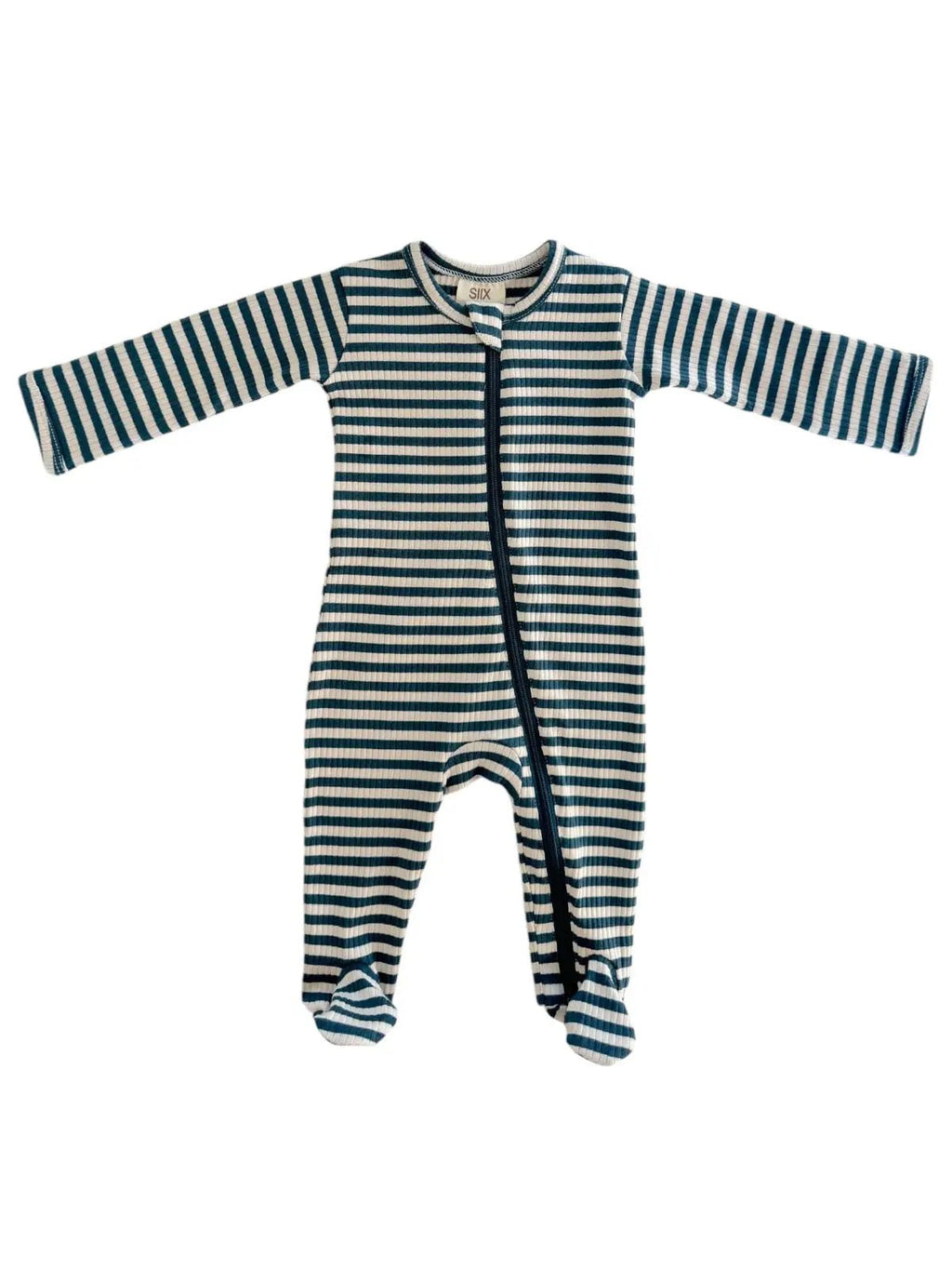 SIIX Collection Steel Blue Stripe / Organic Ribbed Zip Footie - Flying Ryno