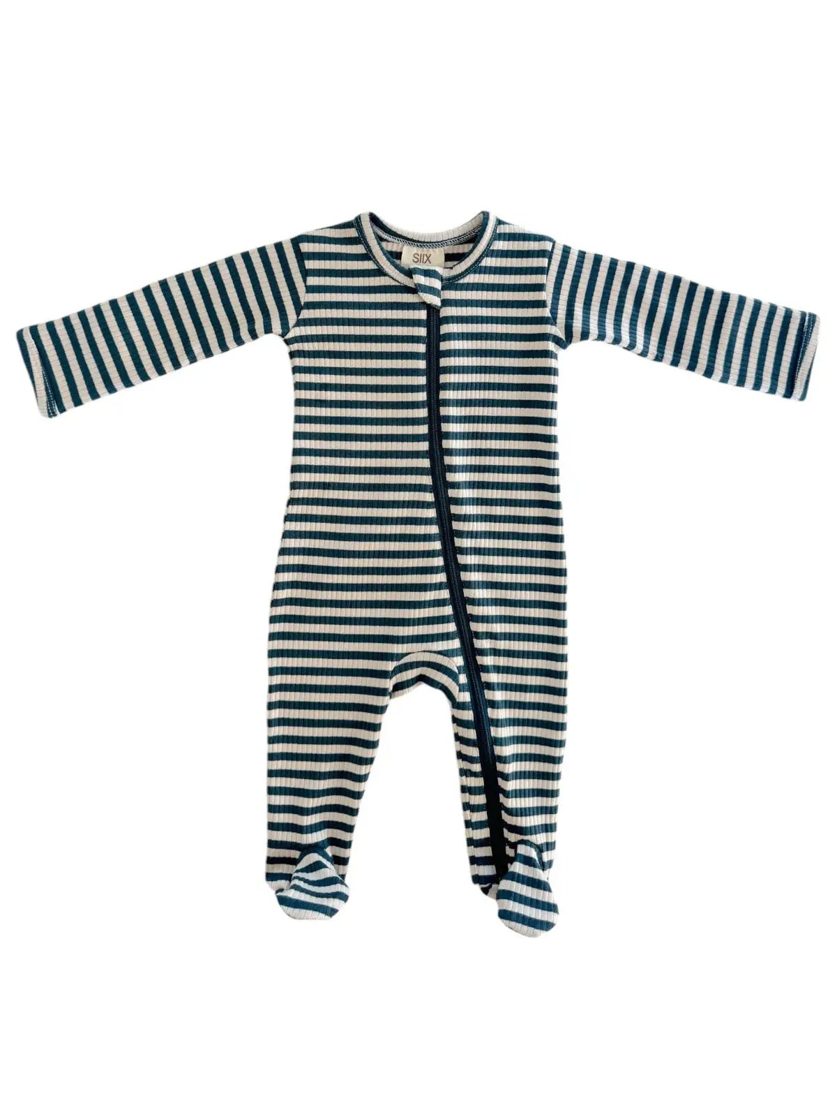 SIIX Collection Steel Blue Stripe / Organic Ribbed Zip Footie - Flying Ryno