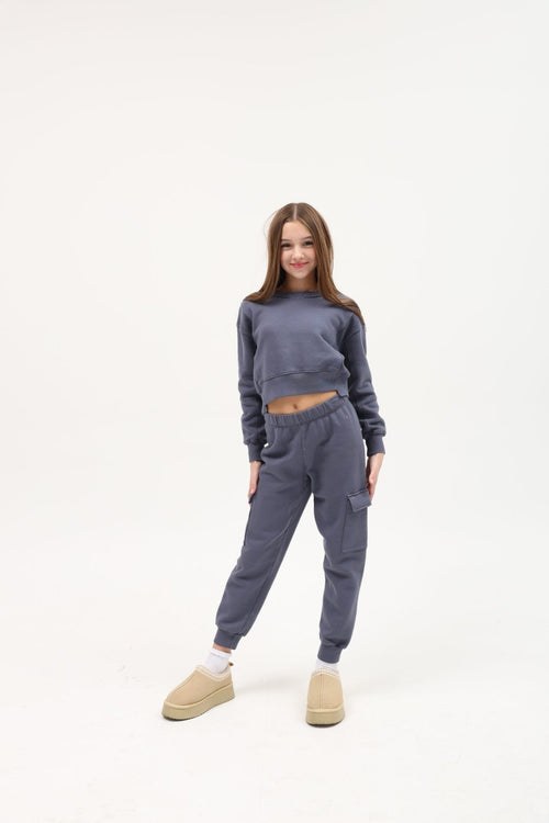 TENLY Cotton Fleece Split Hem Pocket Pant, Indigo Storm - Flying Ryno