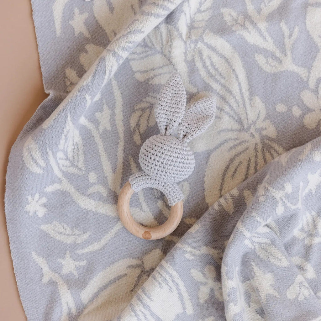 The Blueberry Hill Teether Bunny Grey Cotton Rattle Baby Gift Spring - Flying Ryno