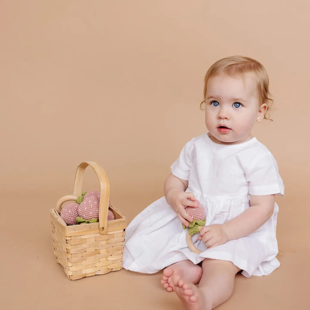 The Blueberry Hill Teether Strawberry Pink Crochet Rattle Baby Toy Spring - Flying Ryno