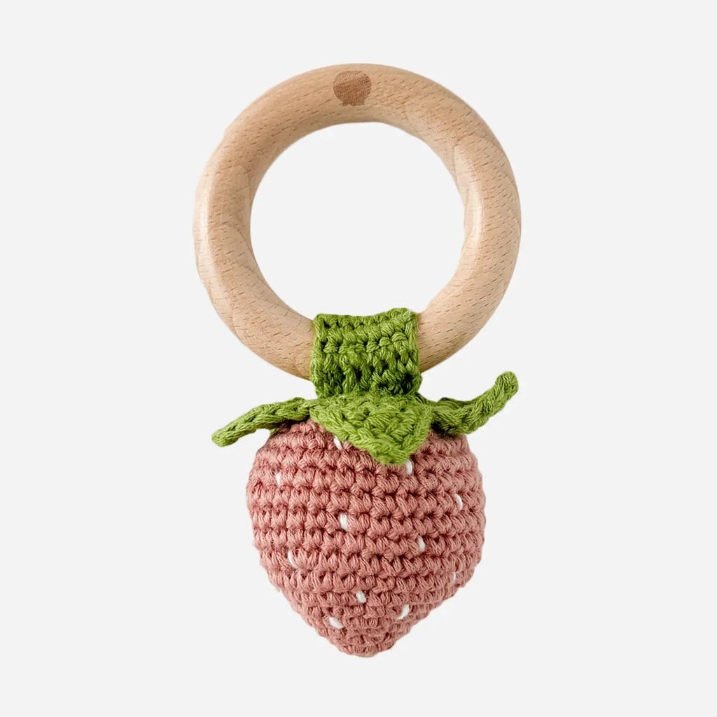 The Blueberry Hill Teether Strawberry Pink Crochet Rattle Baby Toy Spring - Flying Ryno