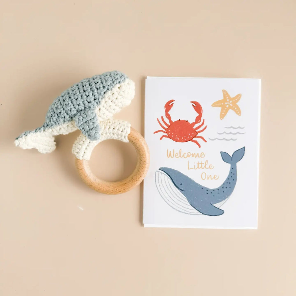 The Blueberry Hill Teether Whale Cotton Crochet Rattle Baby Gift Spring Summer - Flying Ryno