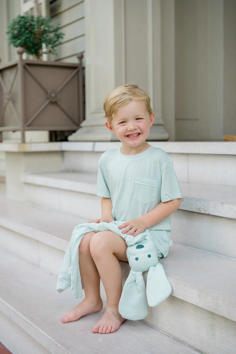 The Uptown Baby Sleep Romper, Pistachio Green Mini - Stripe Dog Lovey + Paci Clip Holder - Flying Ryno