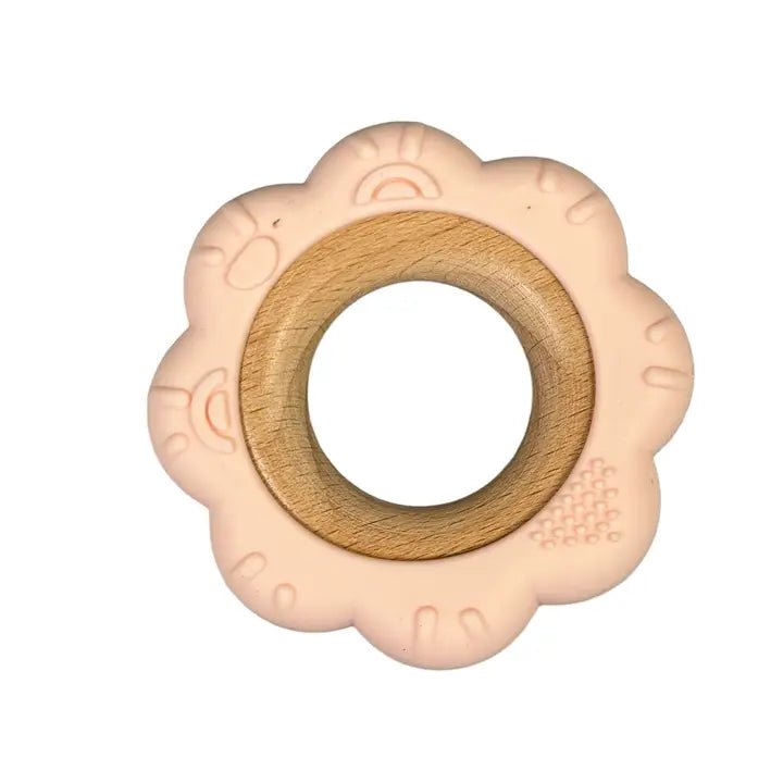 Three Heart Bpa Silicone & Beechwood Teether Ring Flower - Flying Ryno