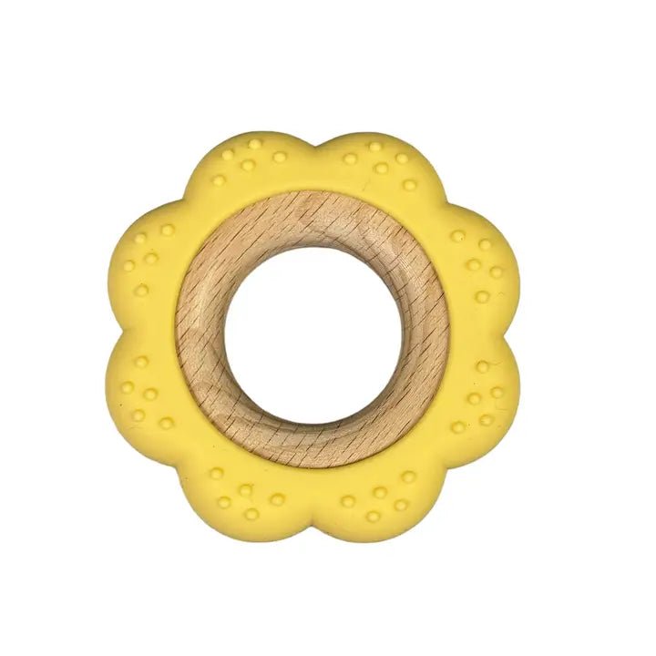Three Heart Bpa Silicone & Beechwood Teether Ring Flower - Flying Ryno