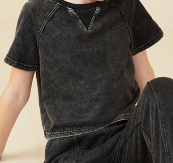 Hayden Washed Short Sleeve Knit Sweatshirt and Pant Set  - Black - Flying Ryno