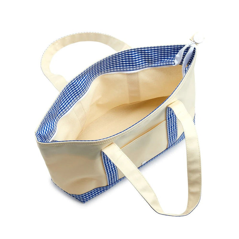Trvl Design MEDIUM TOTE - COATED CANVAS NATURAL with GINGHAM SKY TRIM - Flying Ryno