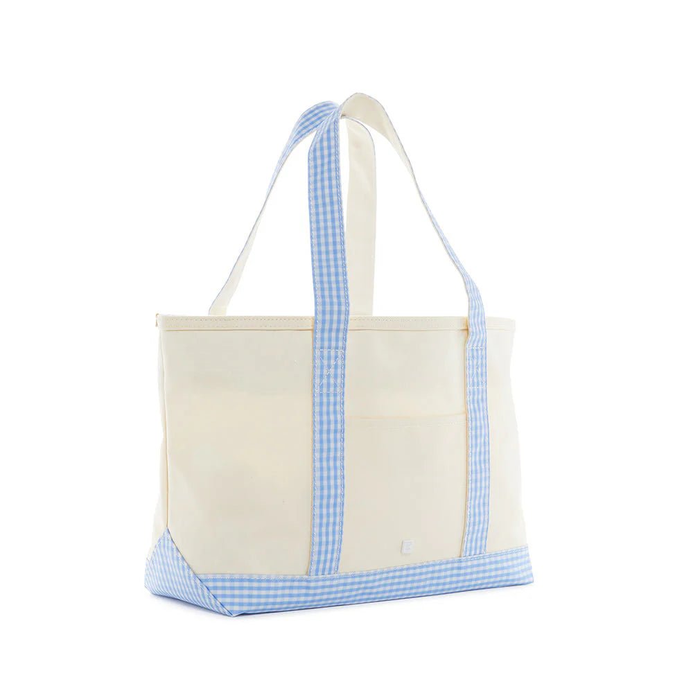 Trvl Design MEDIUM TOTE - COATED CANVAS NATURAL with GINGHAM SKY TRIM - Flying Ryno