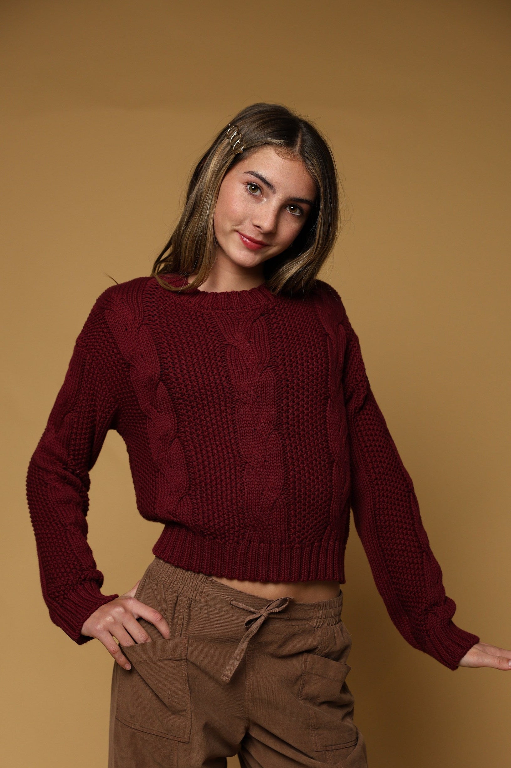 TENLY Braided Cable Jumper Sweater, Cherry
