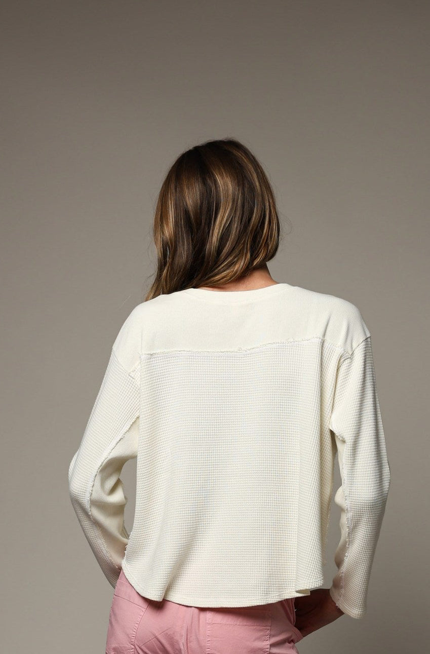 TENLY Waffle Long Sleeve Pullover, Ecru