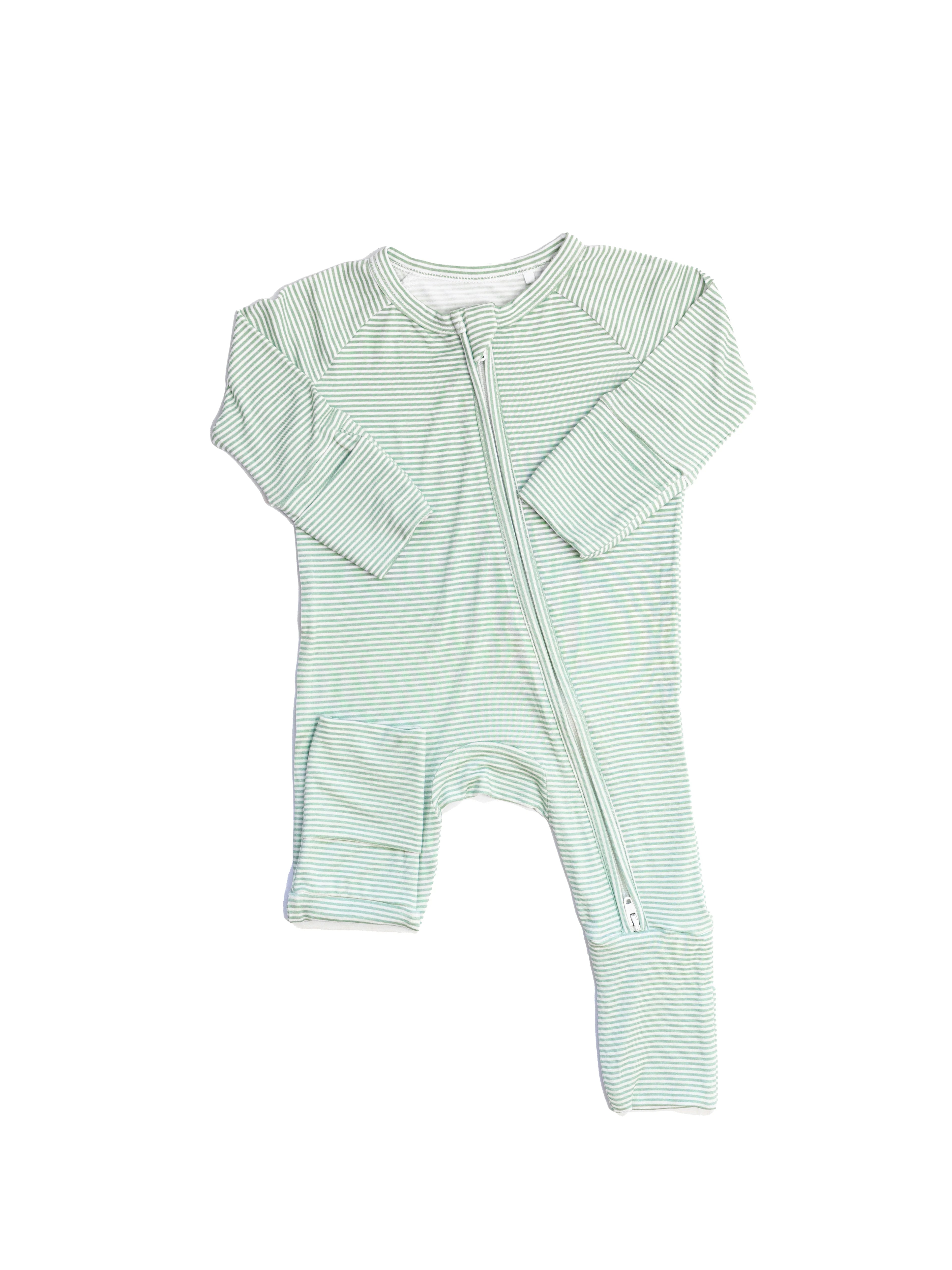 The Uptown Baby Sleep Romper, Pistachio Mini Stripe - Flying Ryno