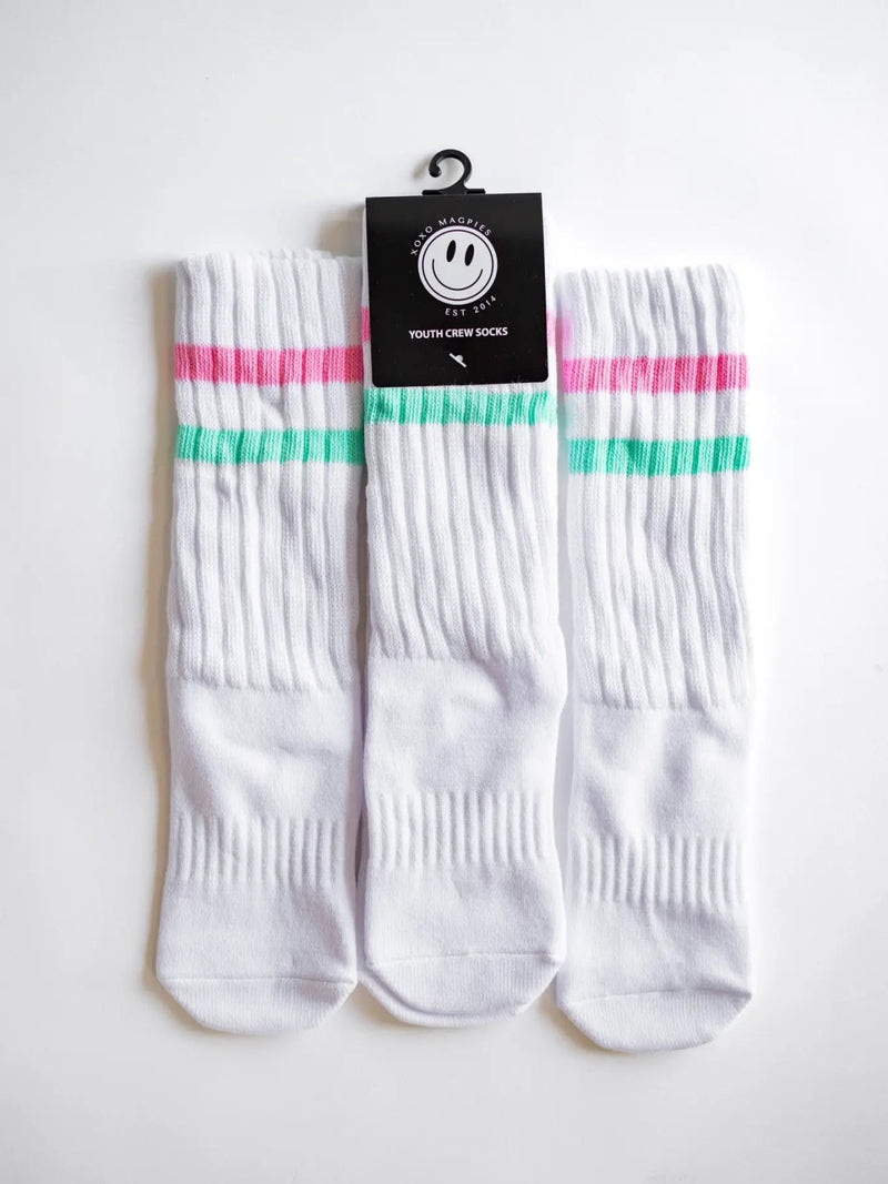 Xoxo By Magpies Crew Socks | Pink + Aqua Stripe - Flying Ryno