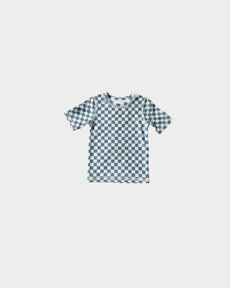 Babysprouts Boy’s Short Sleeve Rash Guard Swim Shirt - Blue Green Checkered - Flying Ryno