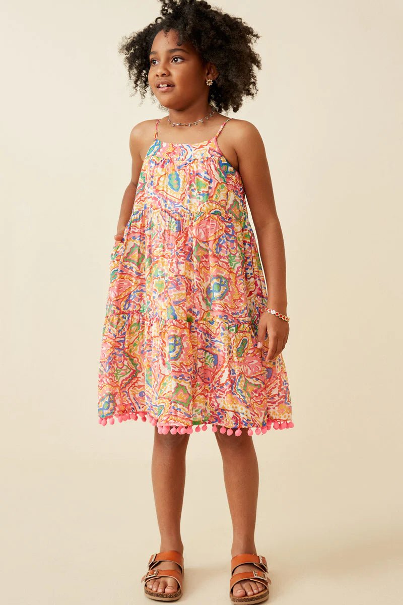 Hayden Girls Textured Abstract Floral Pom Pom Hem Dress - Flying Ryno