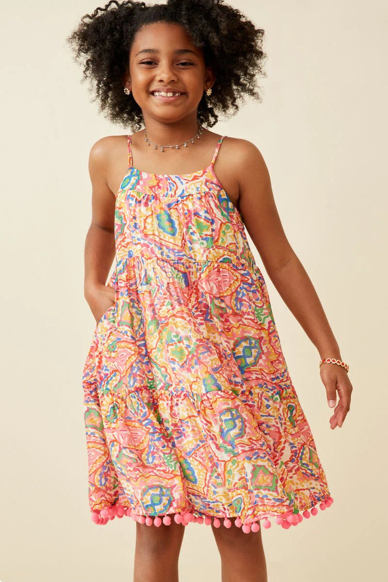 Hayden Girls Textured Abstract Floral Pom Pom Hem Dress - Flying Ryno