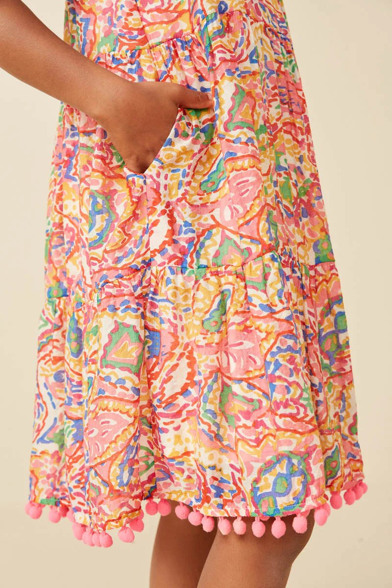 Hayden Girls Textured Abstract Floral Pom Pom Hem Dress - Flying Ryno