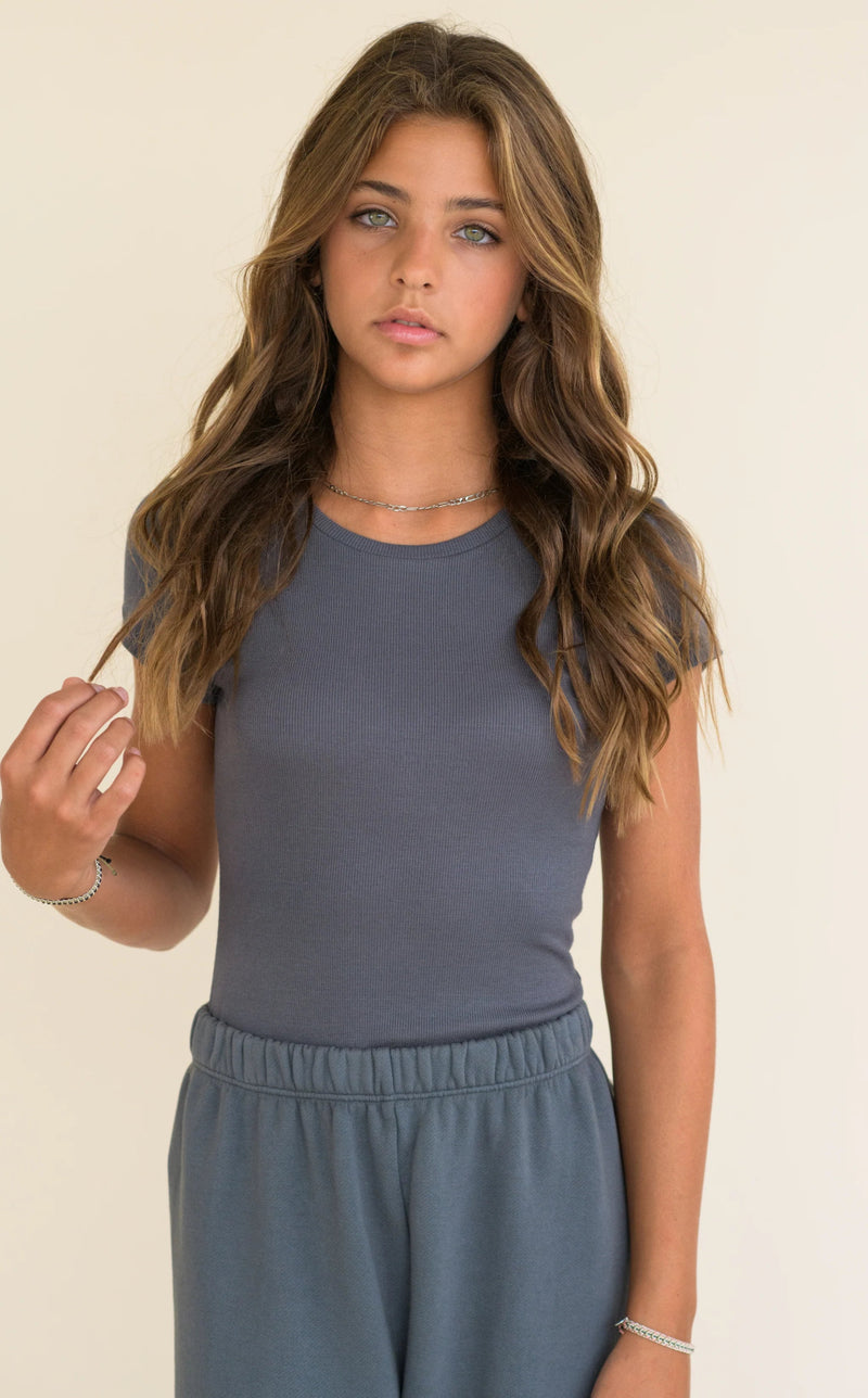 Kaveah Ribbed Crewneck T-Shirt, Mineral - Flying Ryno