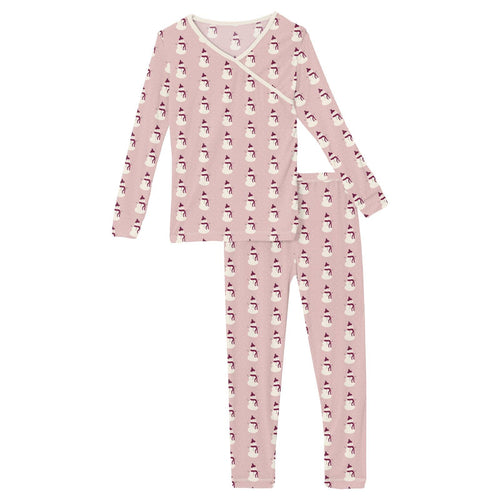 Kickee Pants Print Long Sleeve Kimono Pajama Set, Baby Rose Tiny Snowman - Flying Ryno