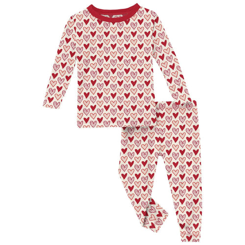 Kickee Pants Print Long Sleeve Pajama Set, Natural Heart Doodles - Flying Ryno