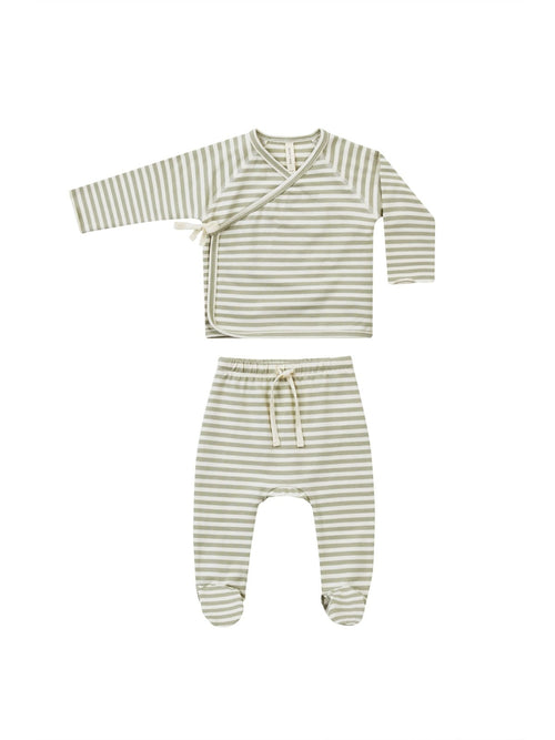 Quincy Mae Wrap Top and Footed Pant Set, Sage Stripe - Flying Ryno